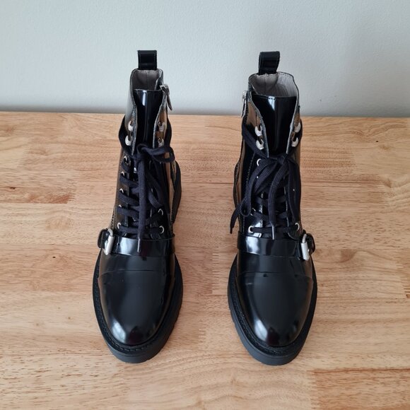 All Saints Donita Black Glossy Leather Lace Up Strappy Combat Ankle Boot US 10 - Picture 2 of 7